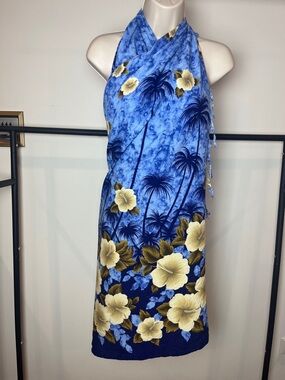 Hawaiian Sarong Blue Tropical Floral Fringe Halter Dress Skirt Beach